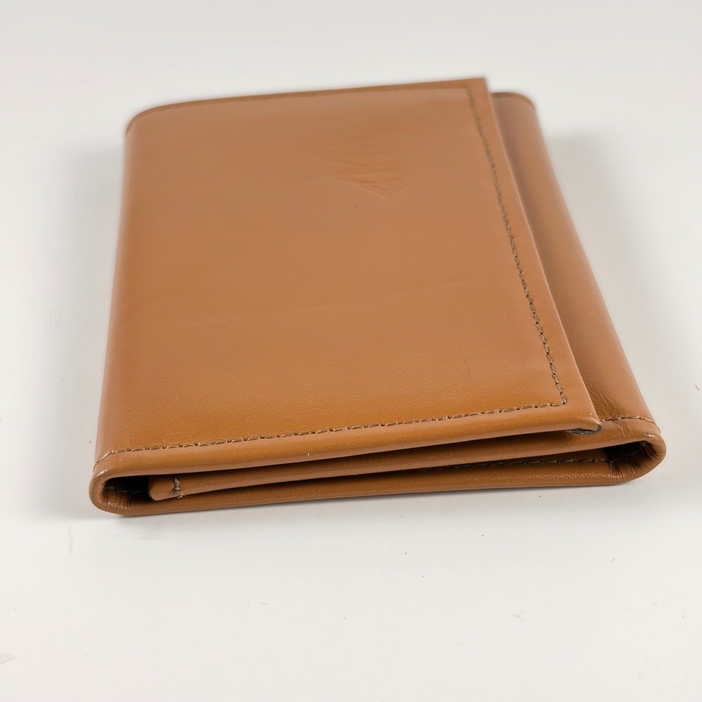 Tan Top Grain Cowhide Leather Trifold Wallet Mens Embossed Crest Brown - Picture 2 of 5